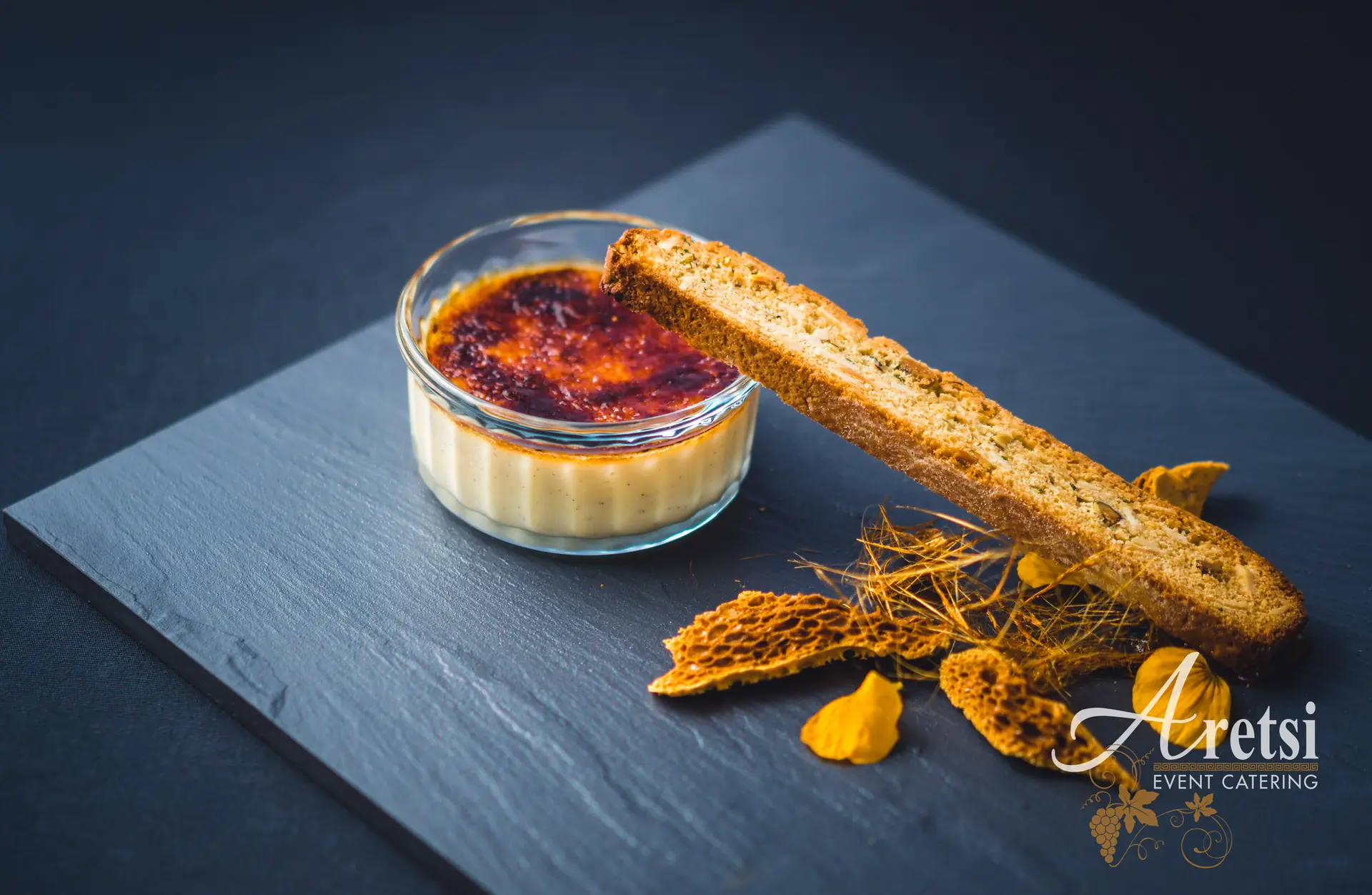 Crème brûlée with a crisp biscuit, an Aretsi dessert