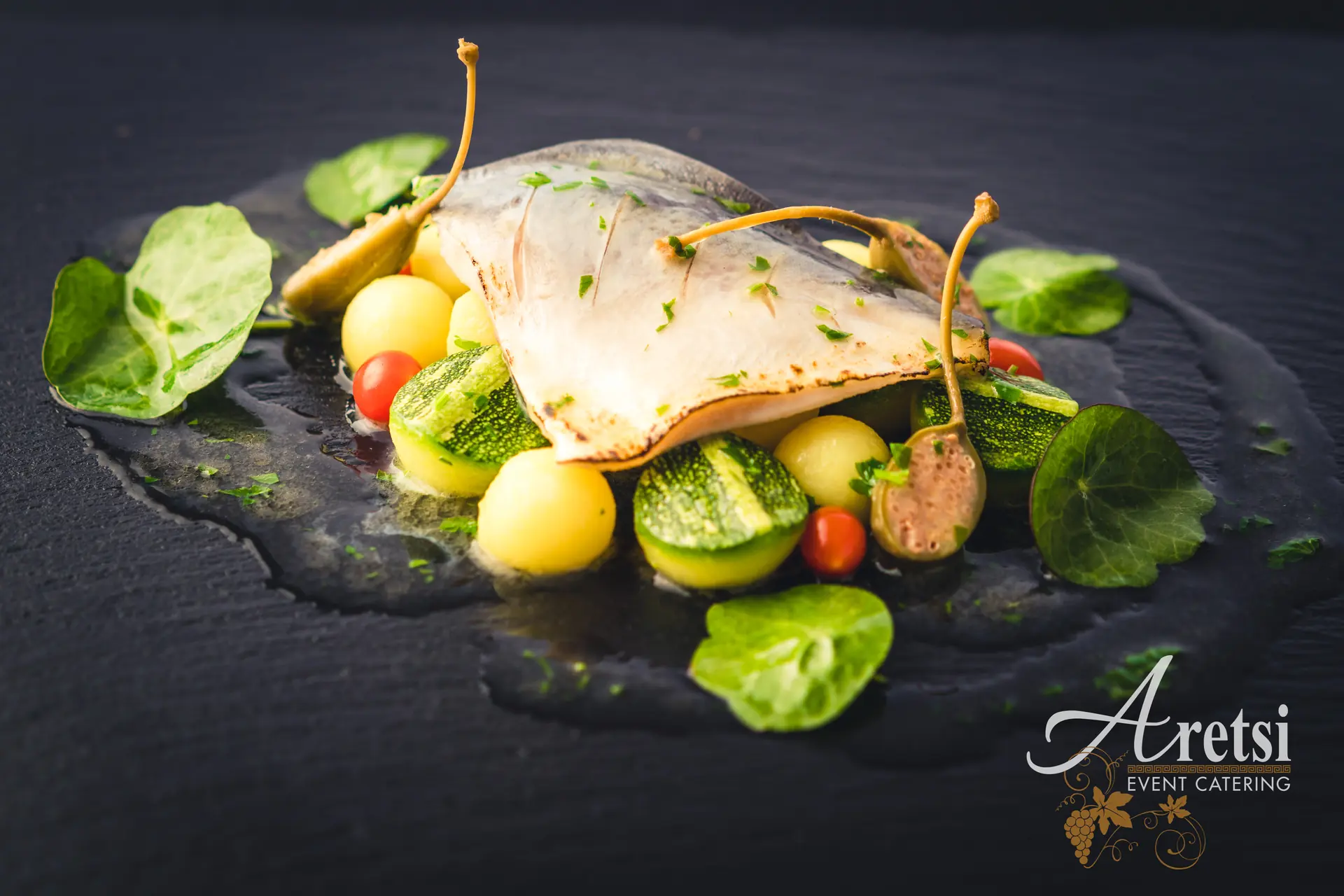 Fish fillet with baby courgettes, new potatoes and capers, an Aretsi main course