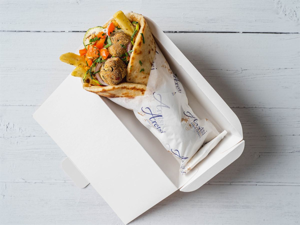 An Aretsi falafel pitta with roasted peppers and grilled courgette
