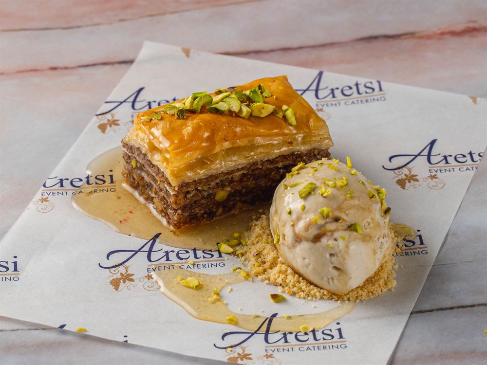 Aretsi baklava with pistachio ice cream on Aretsi paper